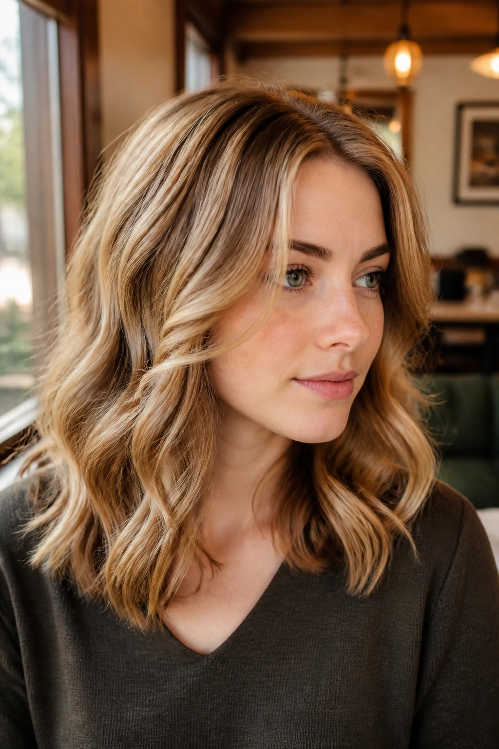 Hair with cinnamon lowlights adding depth and framing