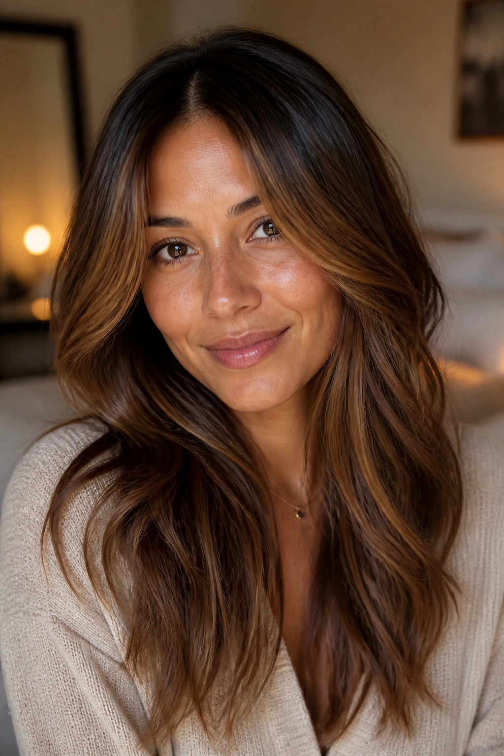 Close-up portrait of a woman with honey-and-cinnamon melt on medium brown hair