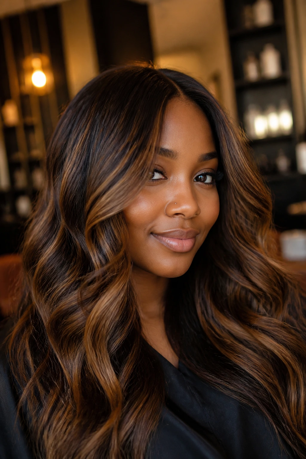 Close-up of hair with honey-cocoa melt highlights blending on dark base