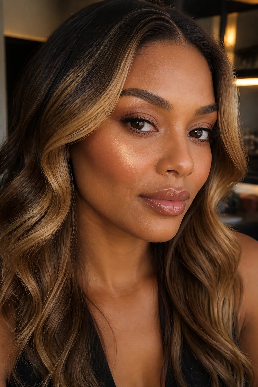 Portrait of a real woman showing honey contour highlights shaping the cheekbones.