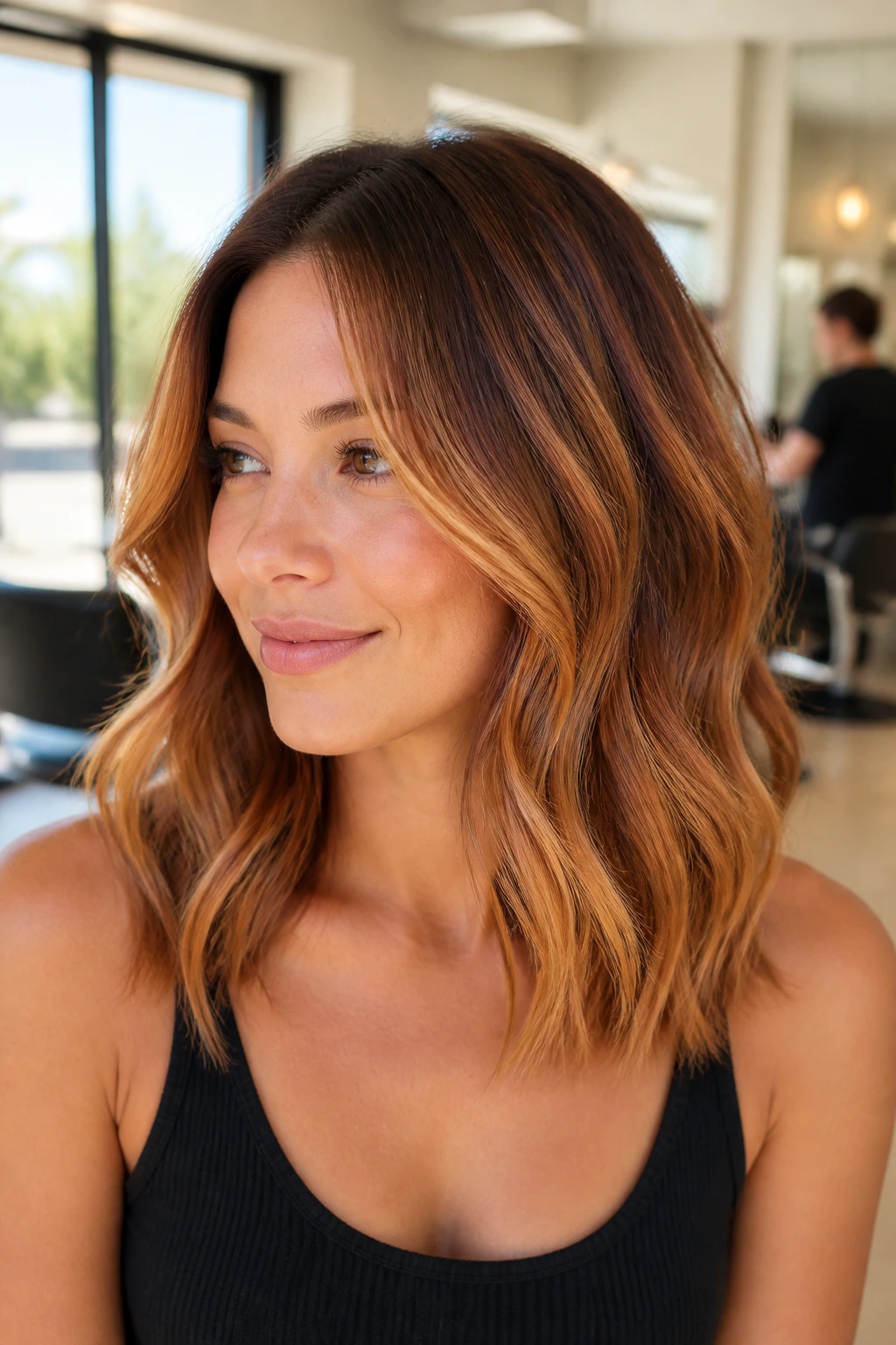 Portrait of a real person with honey copper balayage highlighting darker roots