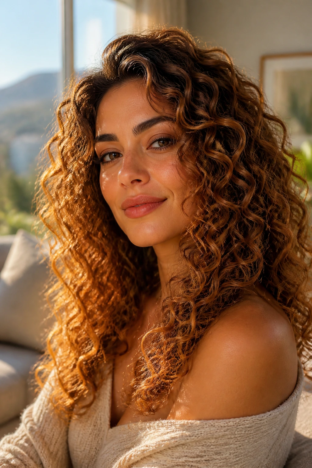 Close-up portrait of a real woman with honey copper curls in warm natural light.