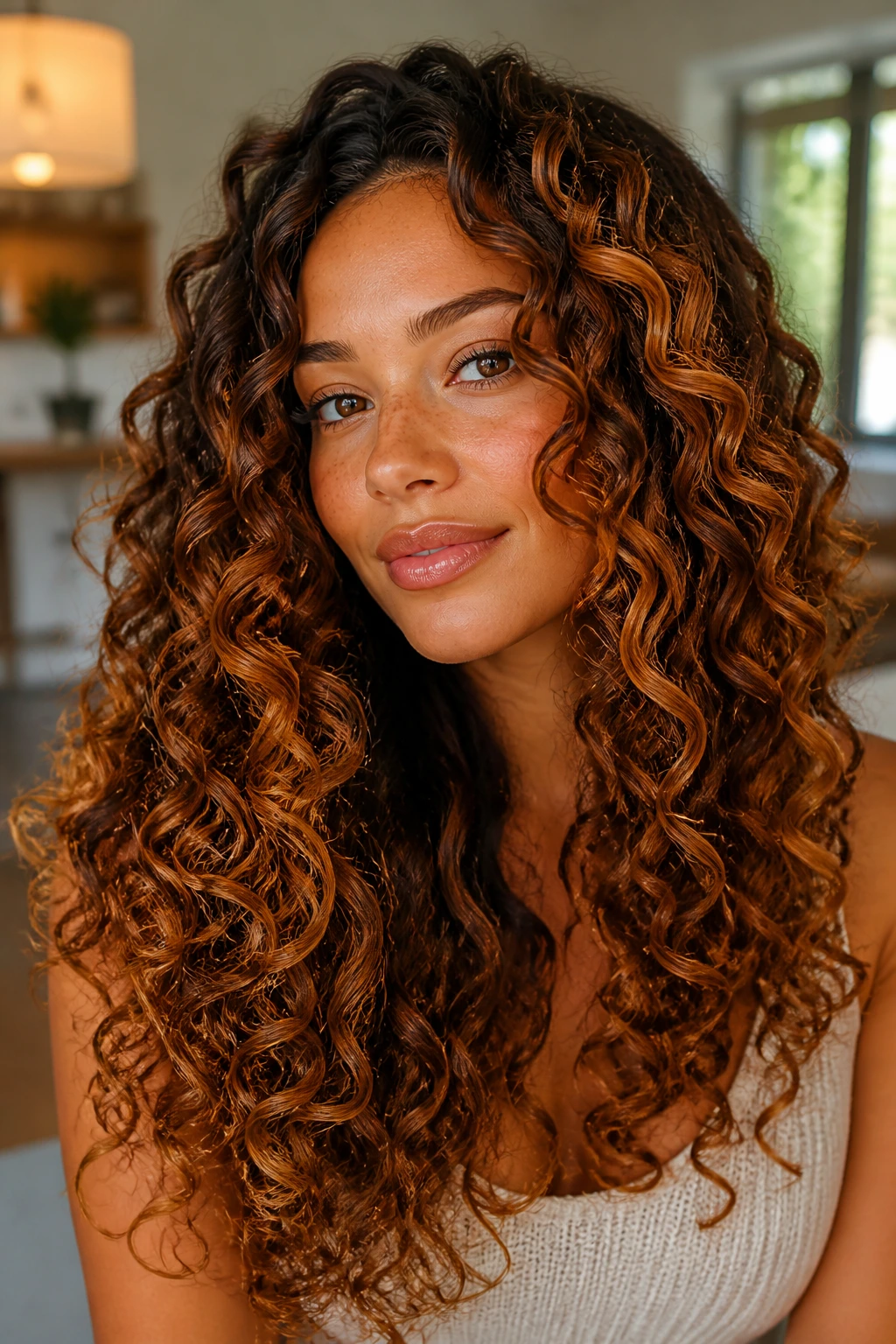 Close-up of a real woman with honey and copper highlights in curls