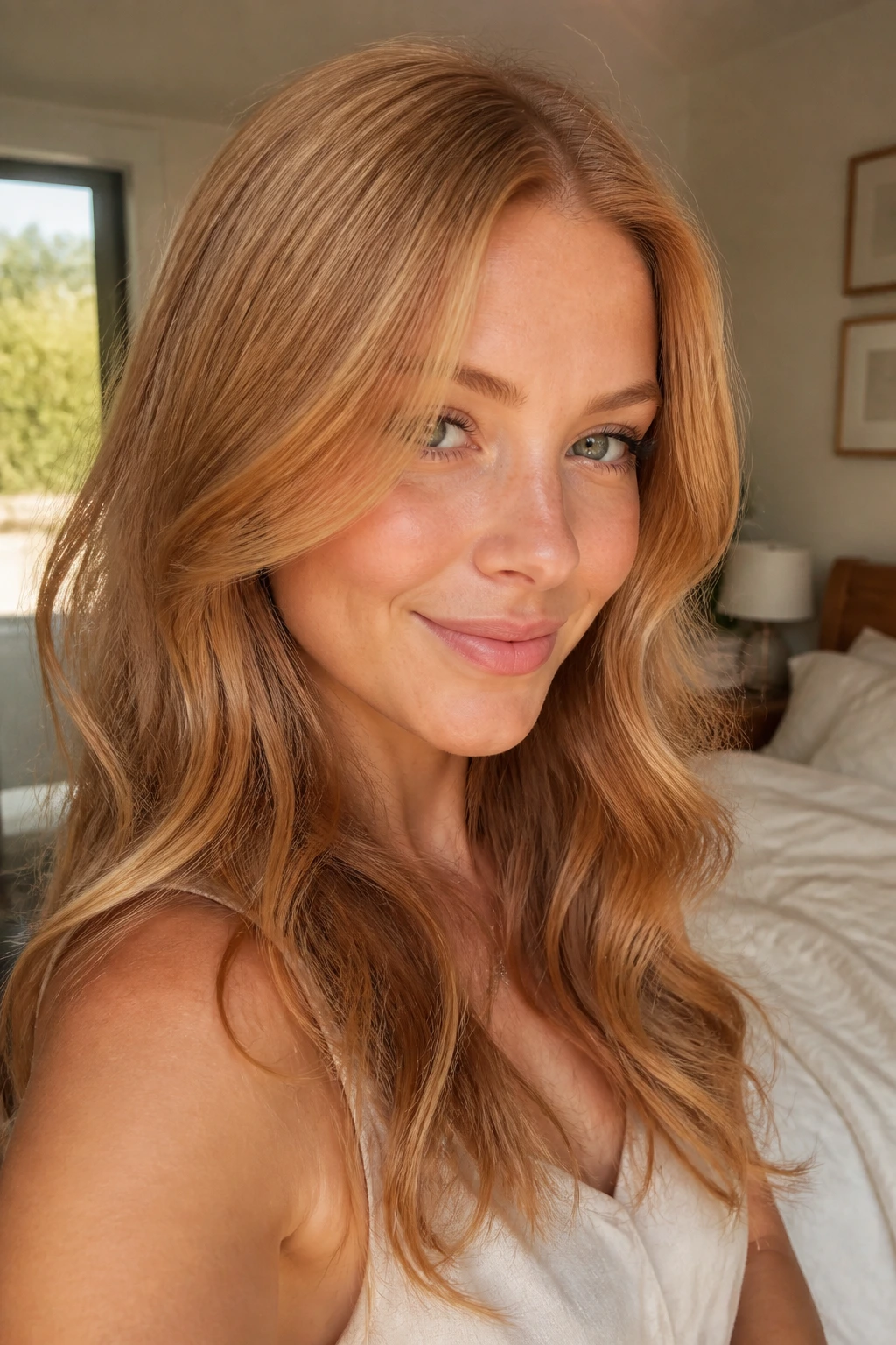Close-up of a real woman's honey copper hair with dimensional lowlights and soft waves in warm daylight
