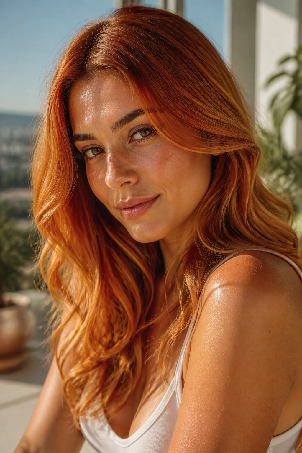 Close-up portrait of a real person with Saffron Honey Copper hair and glossy honey glow in warm outdoor light