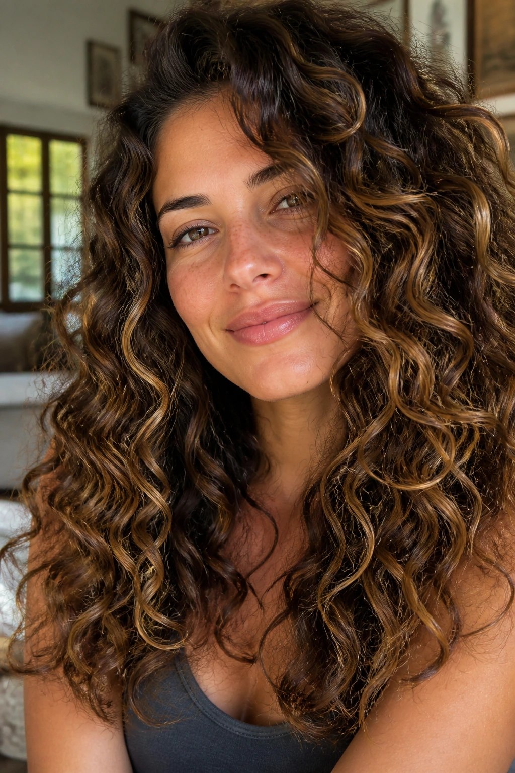 Close-up of curly brunette hair with luminous honey pieces woven through curls