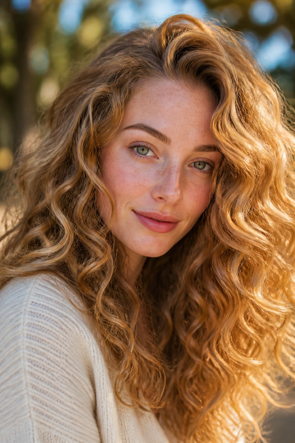 Portrait of a woman with honey curls and warm ribbons in her hair