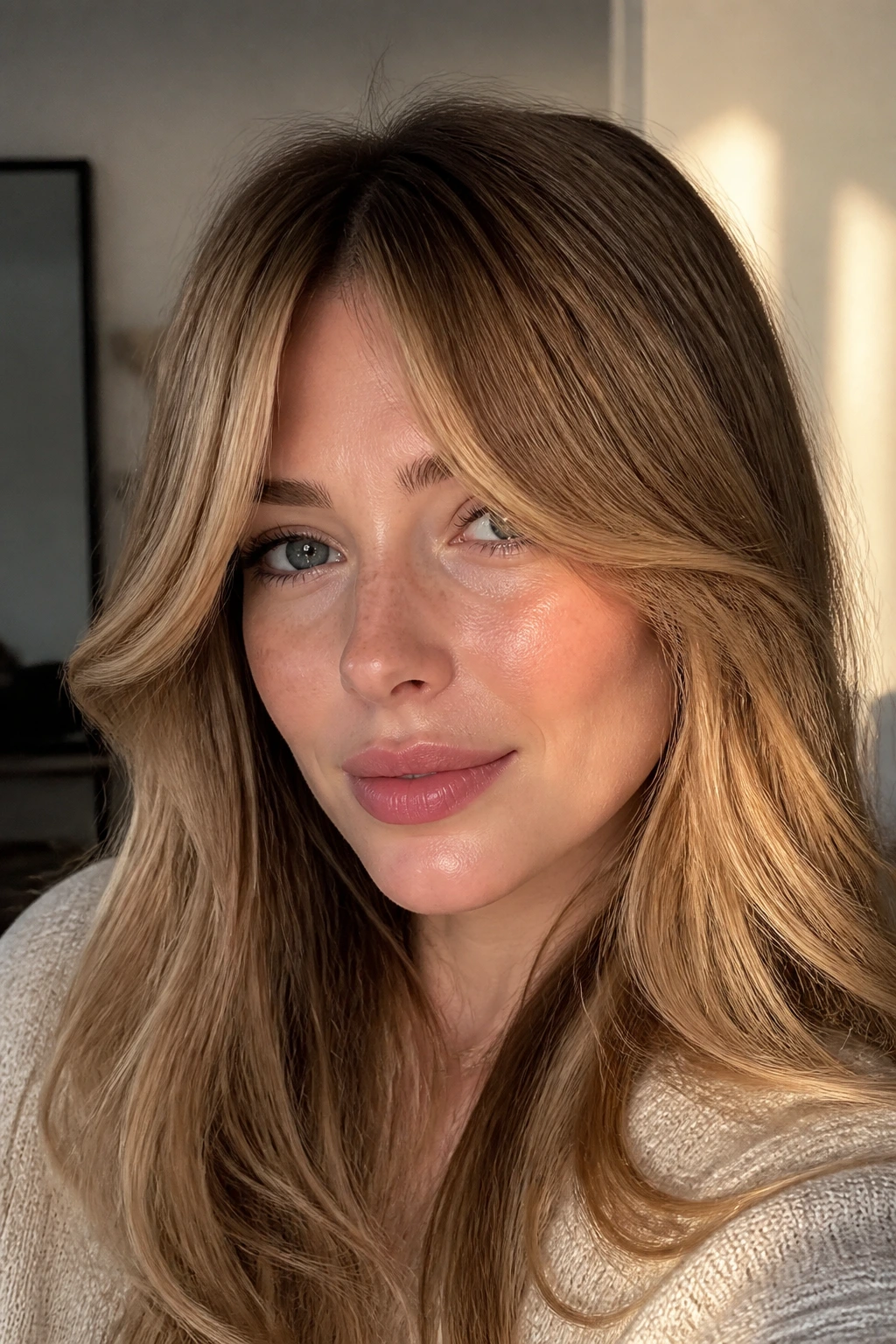 Portrait of a woman with curtain bangs and honey-toned highlights framing her face
