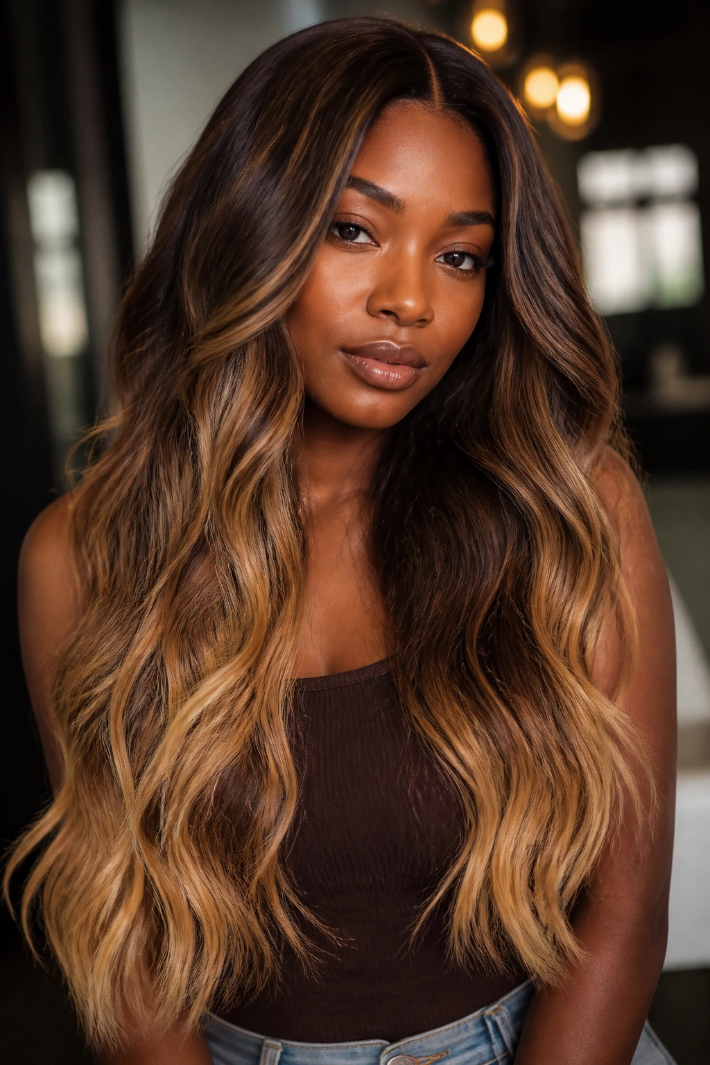 Close-up of a person with long hair featuring honey dip-dye ends.