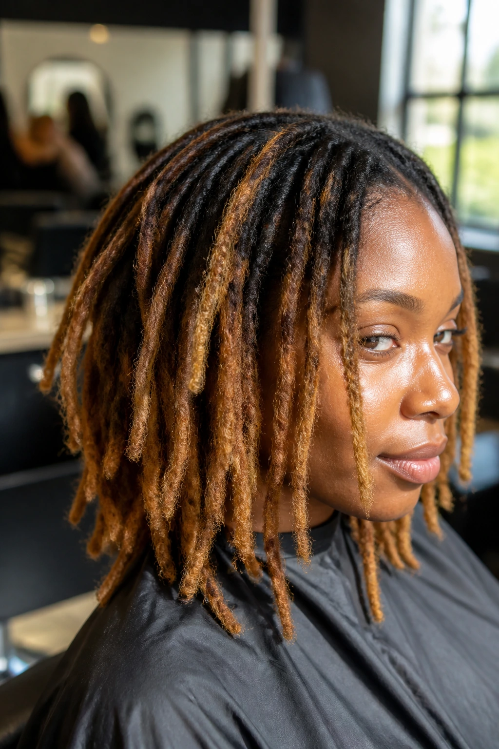Close-up portrait of a real person with honey dread tips and warm brown lengths