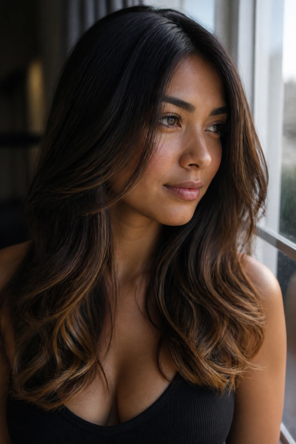 Close-up of a real woman with honey-edged brunette balayage