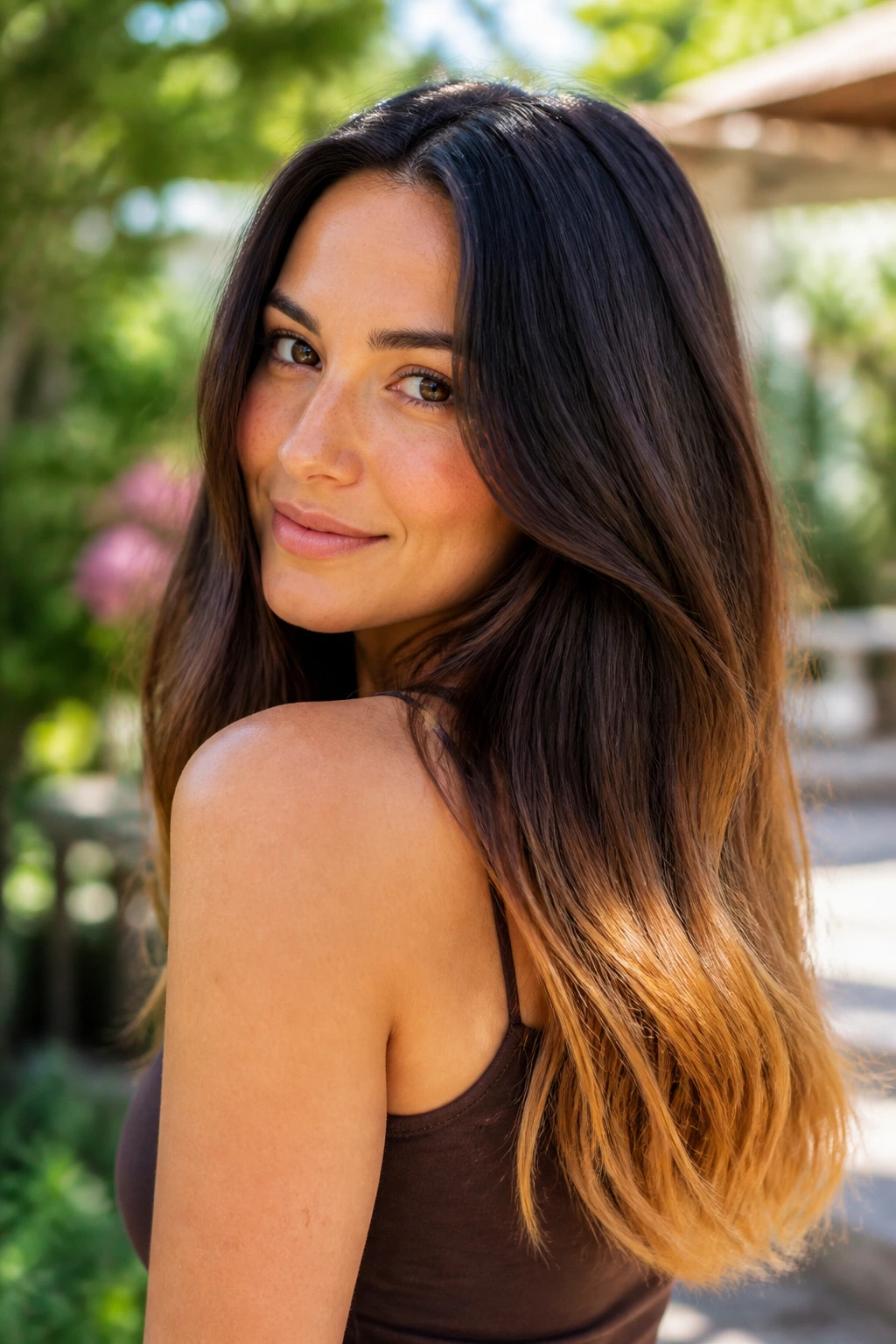 Brunette with honey dip-dye ends catching sunlight outdoors