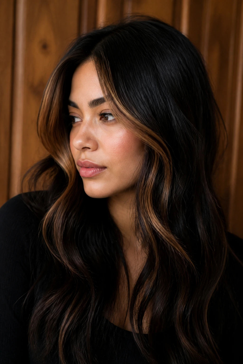 Close-up of a real person with dark hair and honey ribbons for dimensional look.