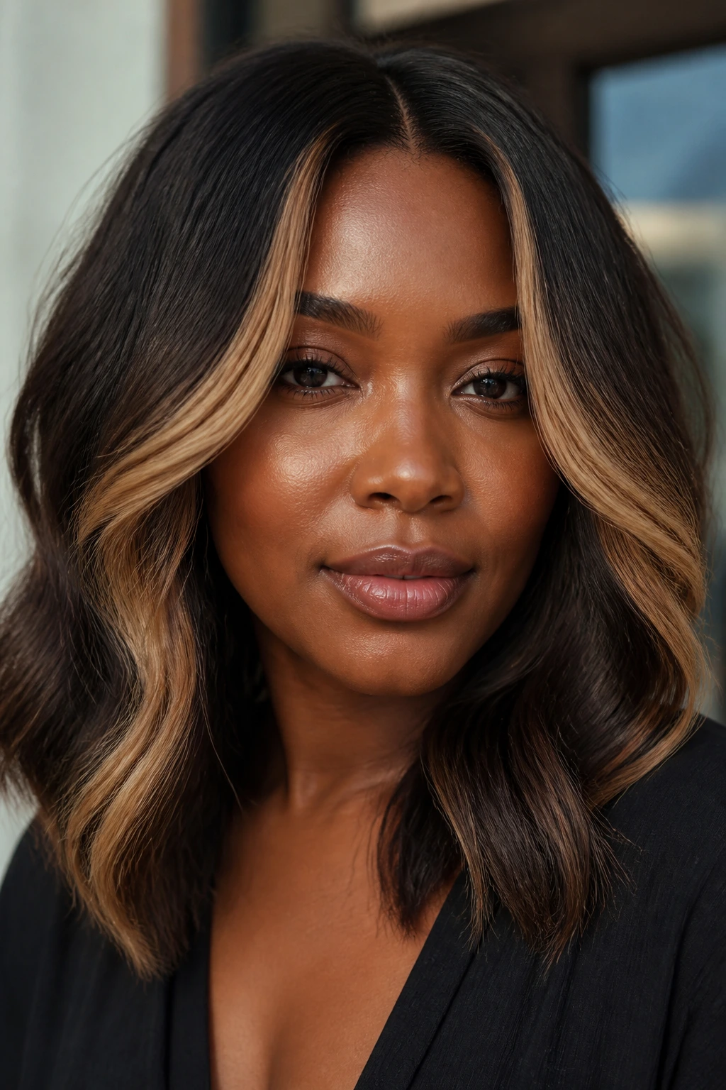 Deep base hair with honey face-framing pieces around the face