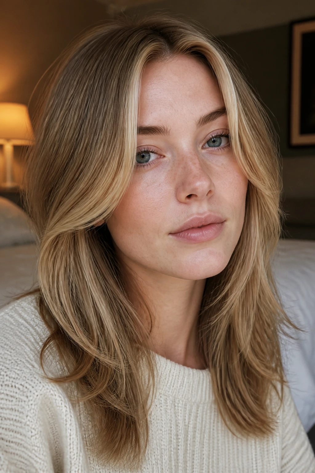 Portrait of a woman with honey-threaded face-frame highlights