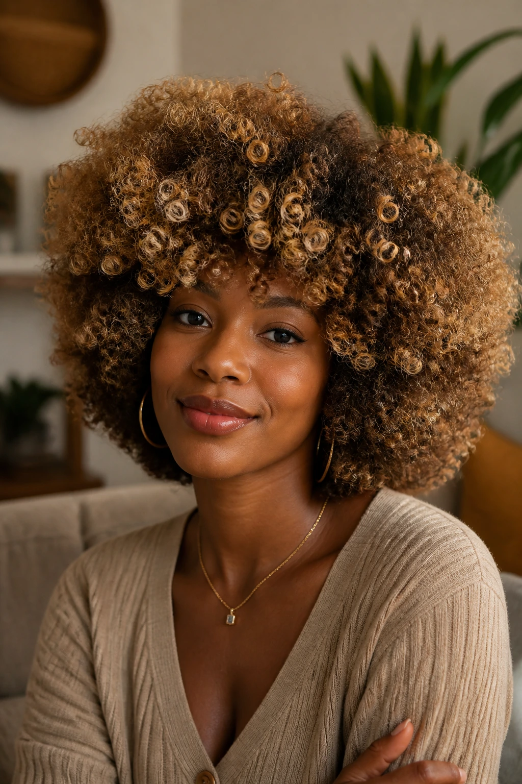 Portrait of a person with honey foils in an Afro hairstyle