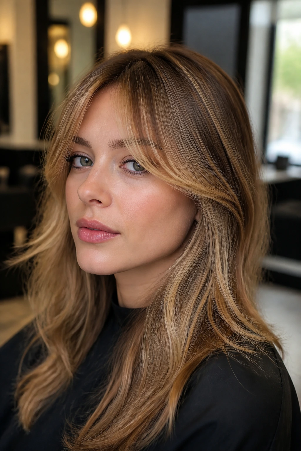 Close-up of a real woman with soft bangs and honey fringe highlighting the face.
