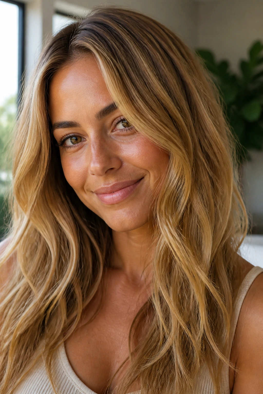 Close-up portrait of a person with honey glaze blonde hair and warm skin