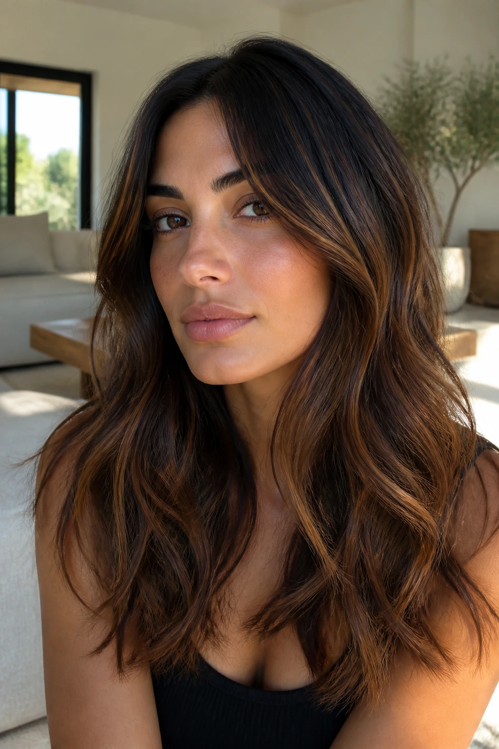 Close-up of brunette hair with honey glaze on mid-lengths and ends on olive skin