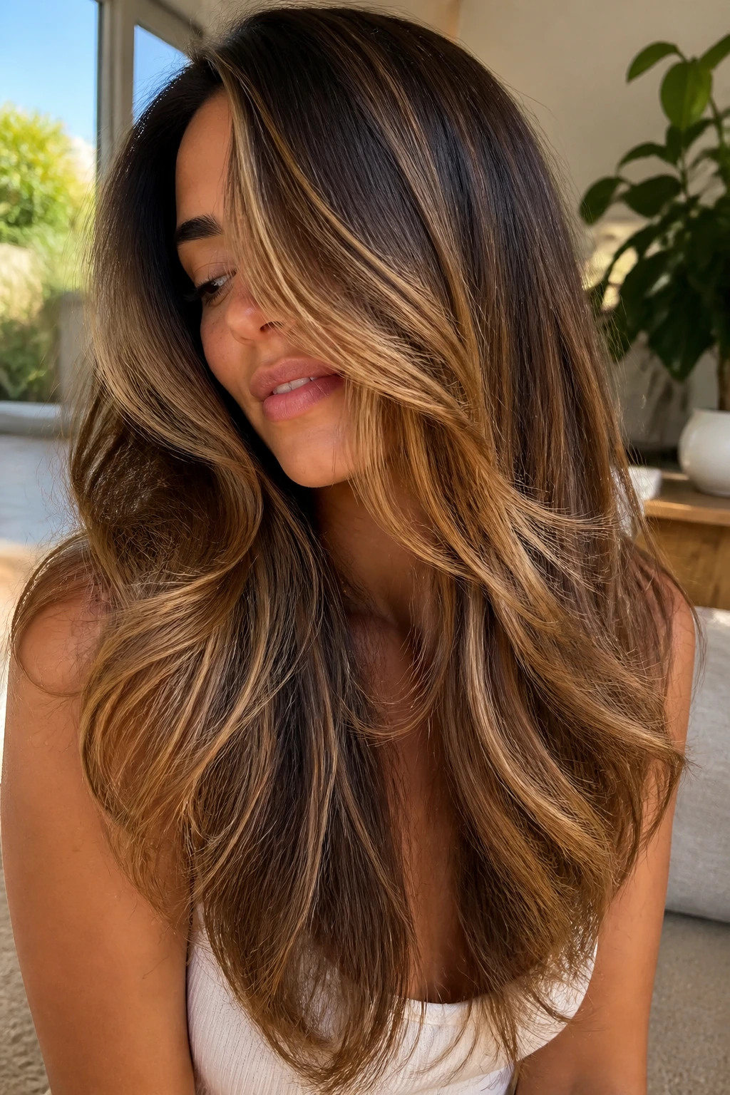 Close-up of a real woman with honey glaze balayage on long layered hair, warm highlights