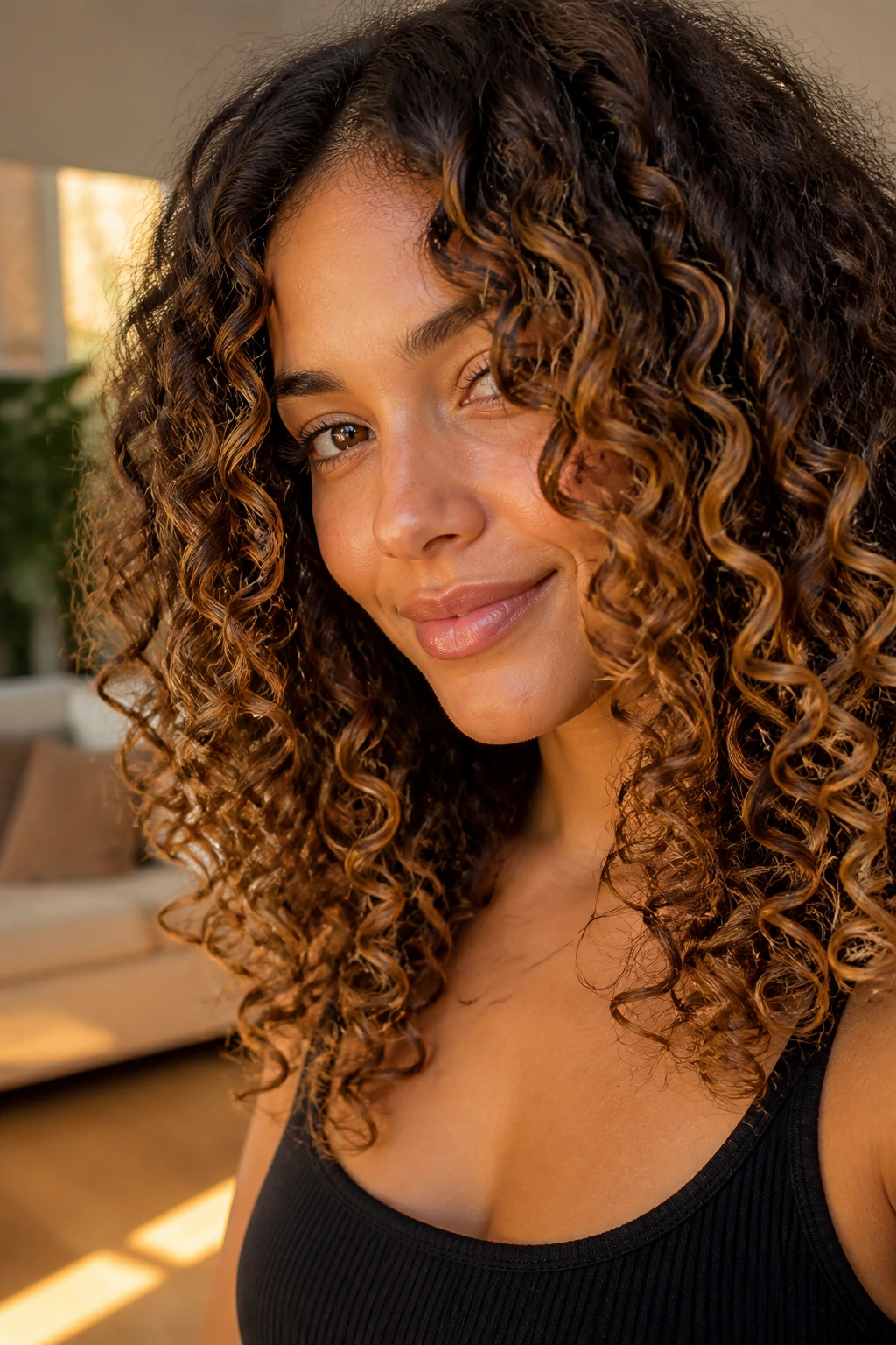 Close-up of a real woman with honey-glazed curls and painted ends under warm window light
