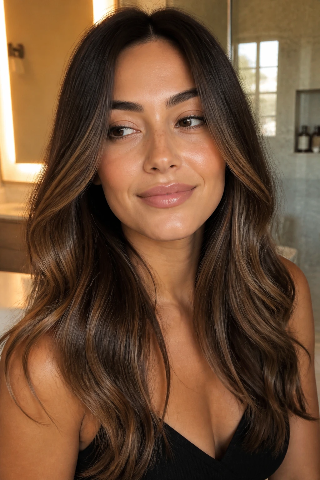 Close-up of brunette hair with honey gloss reflecting warm light on a real person