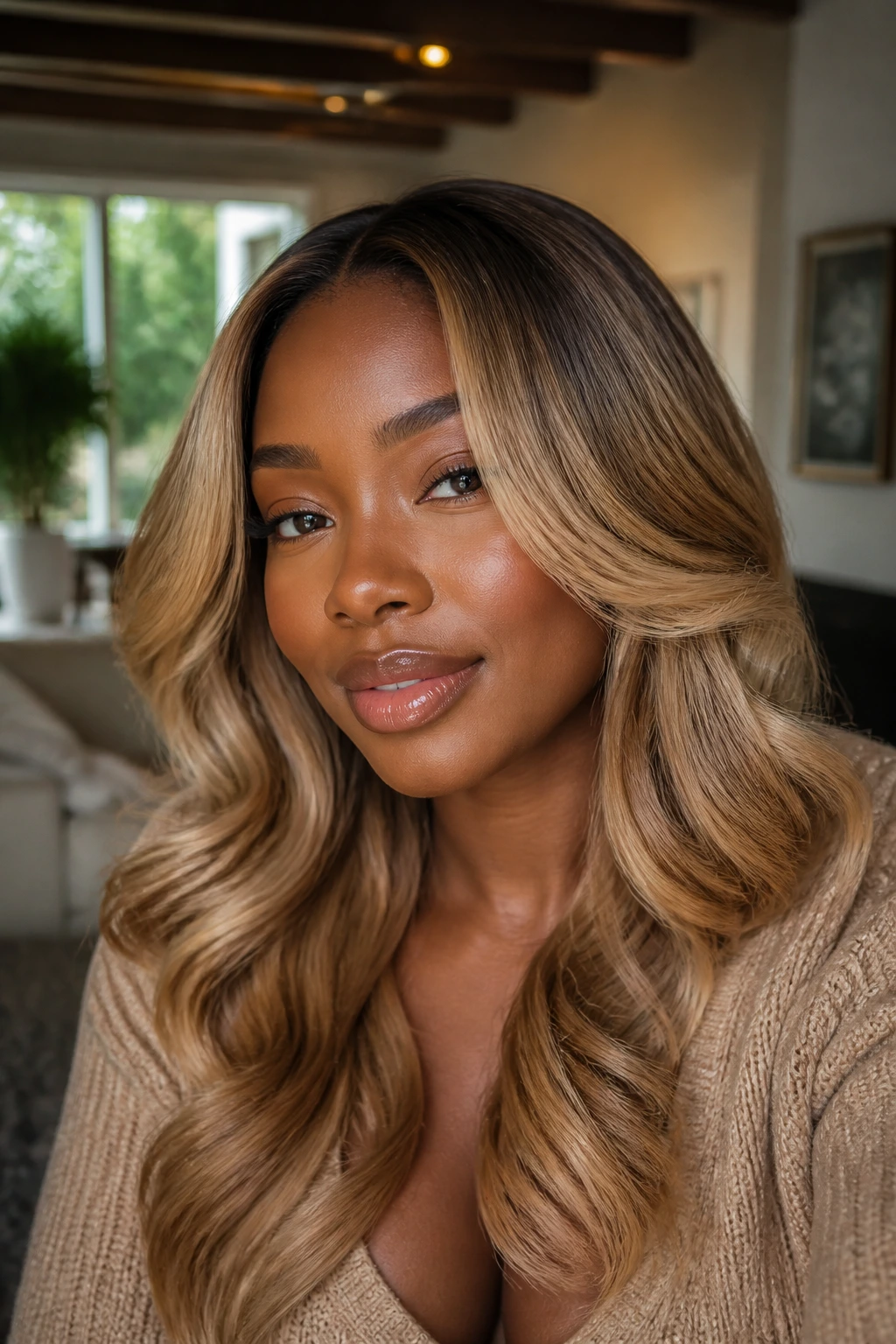 Close-up of a deep-skinned person with honey, gold, beige blonde tones and root shadow.