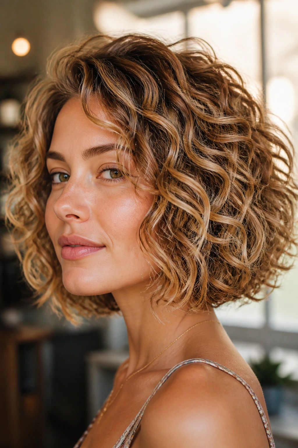 Close-up of a real person with honey-gold babylights on curly bob.