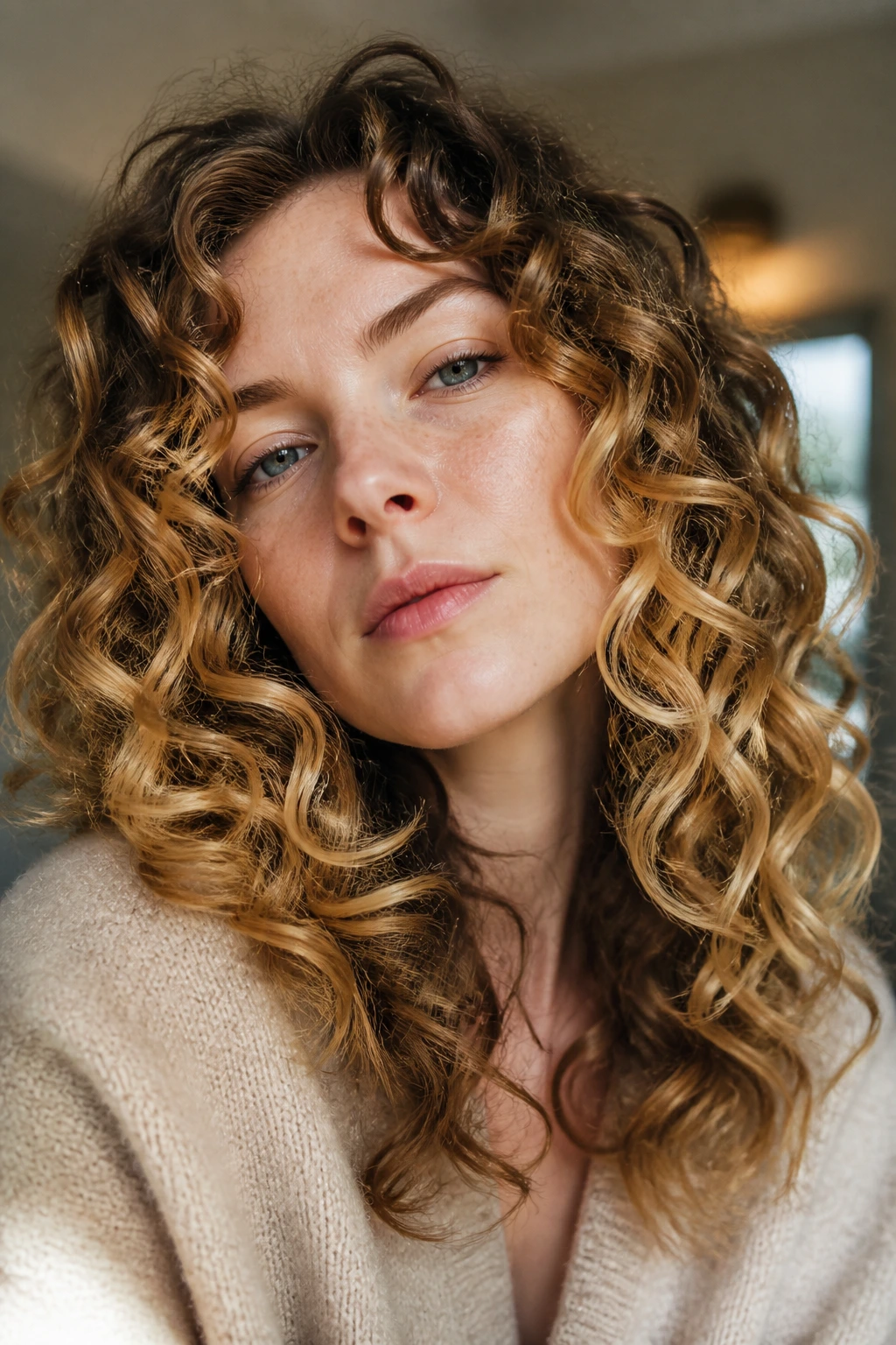 Close-up portrait of a real woman with pale skin and honey-gold halo highlights on outer curls