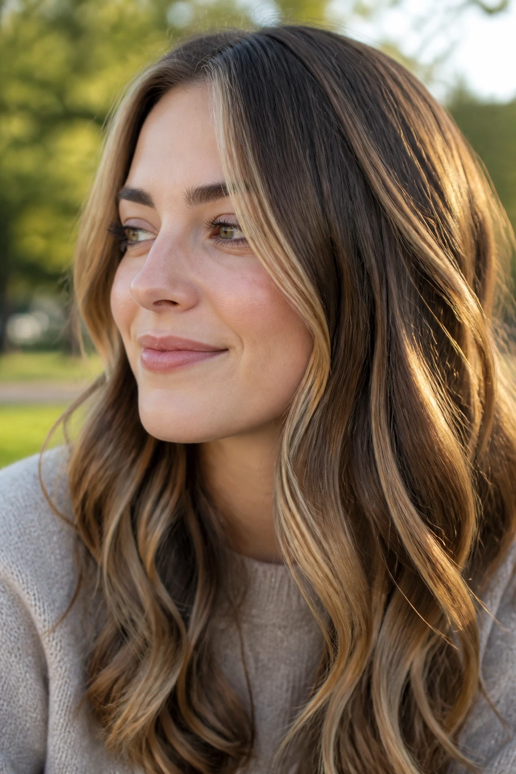 Person with honey gold ribbons woven through brunette hair in natural light