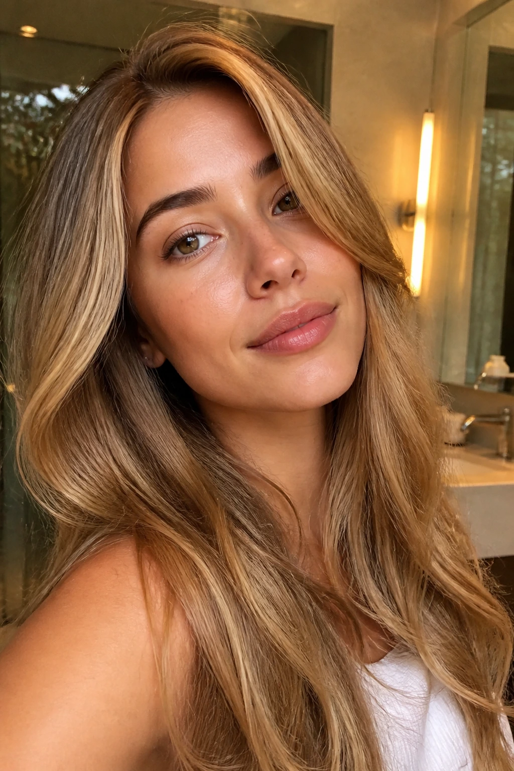 Portrait of a real person with glossy honey hair under warm indoor light