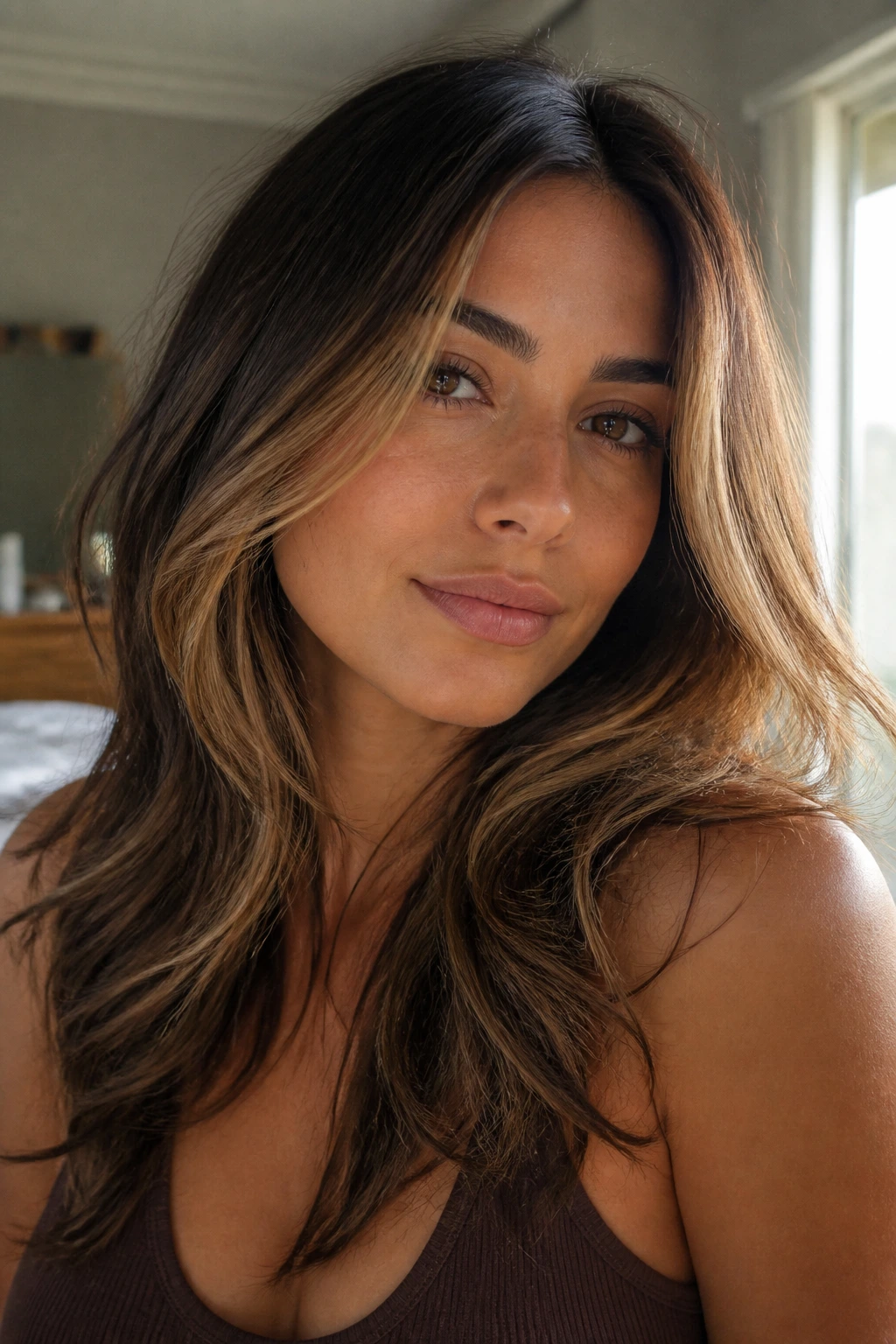 Close-up portrait of a real woman with honey-toned face-framing layers on olive skin in warm window light