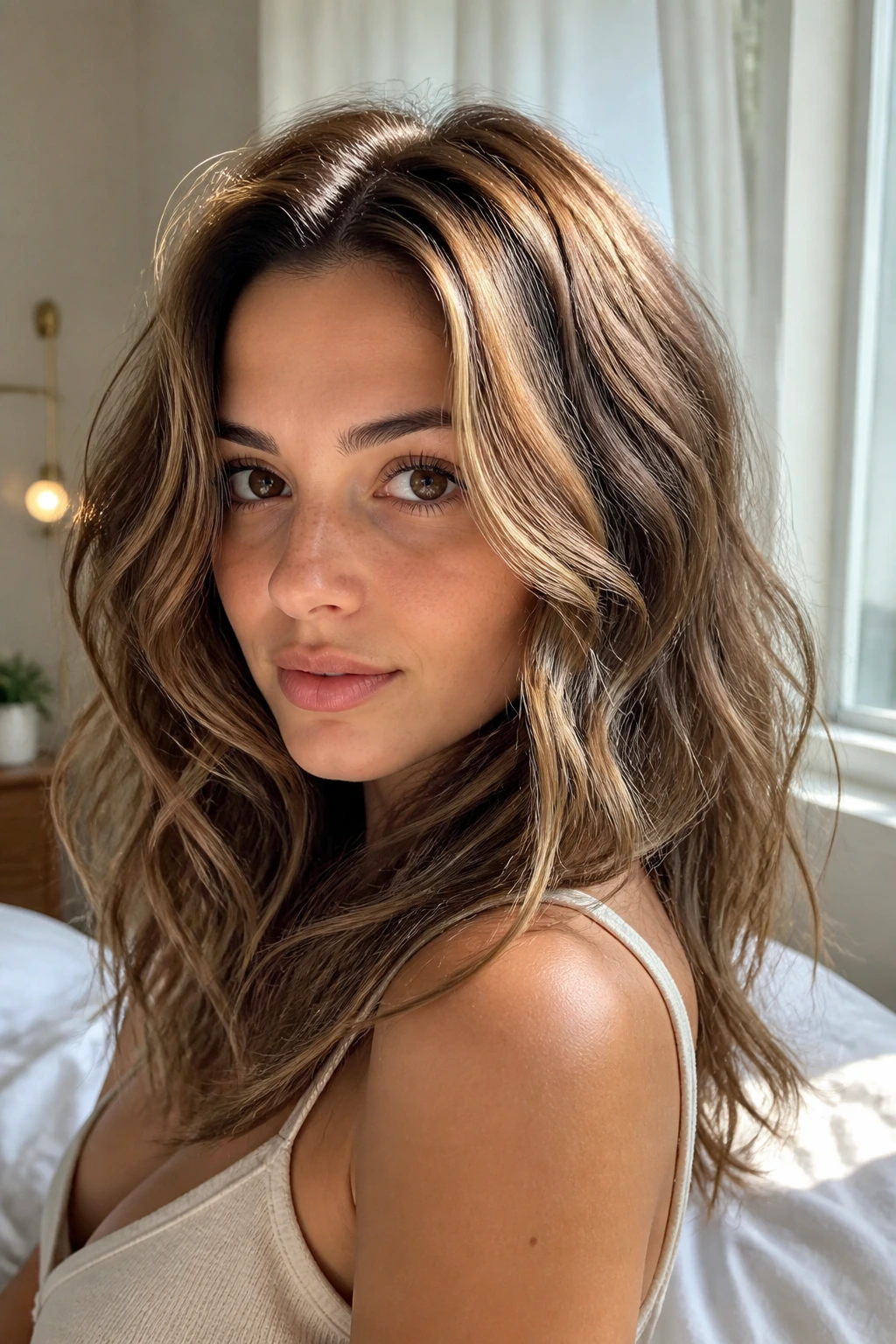 Close-up of brunette with honey halo highlighting around crown