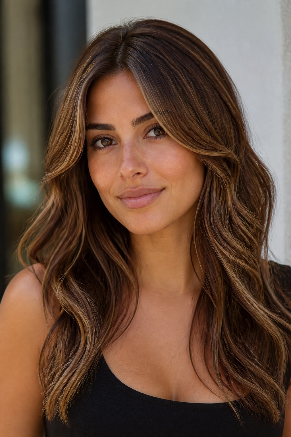 Close-up of chestnut brown hair with dimensional honey highlights on olive skin