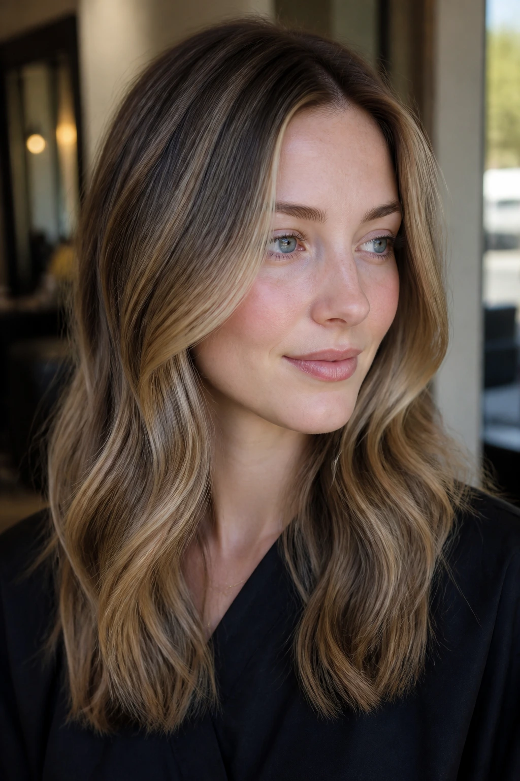Portrait of a woman with cool skin and blended dark honey blonde highlights at the hairline.
