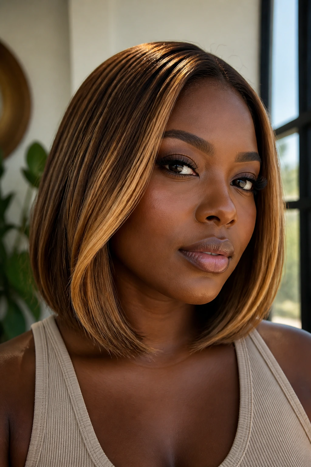 Honey-honeyed lob hairstyle on a real person portrait