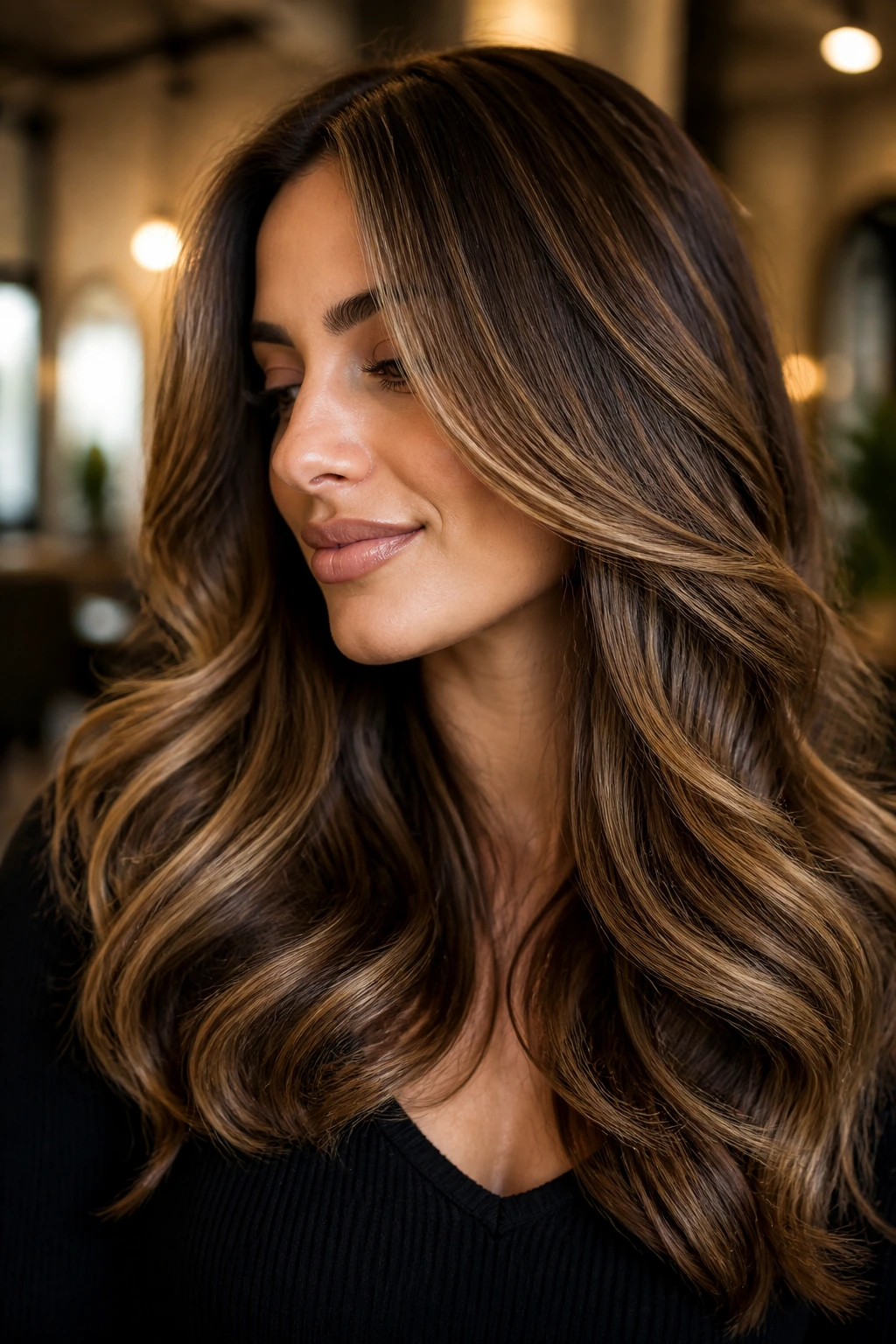 Close-up of a real person with honey highlights and mocha lowlights for depth