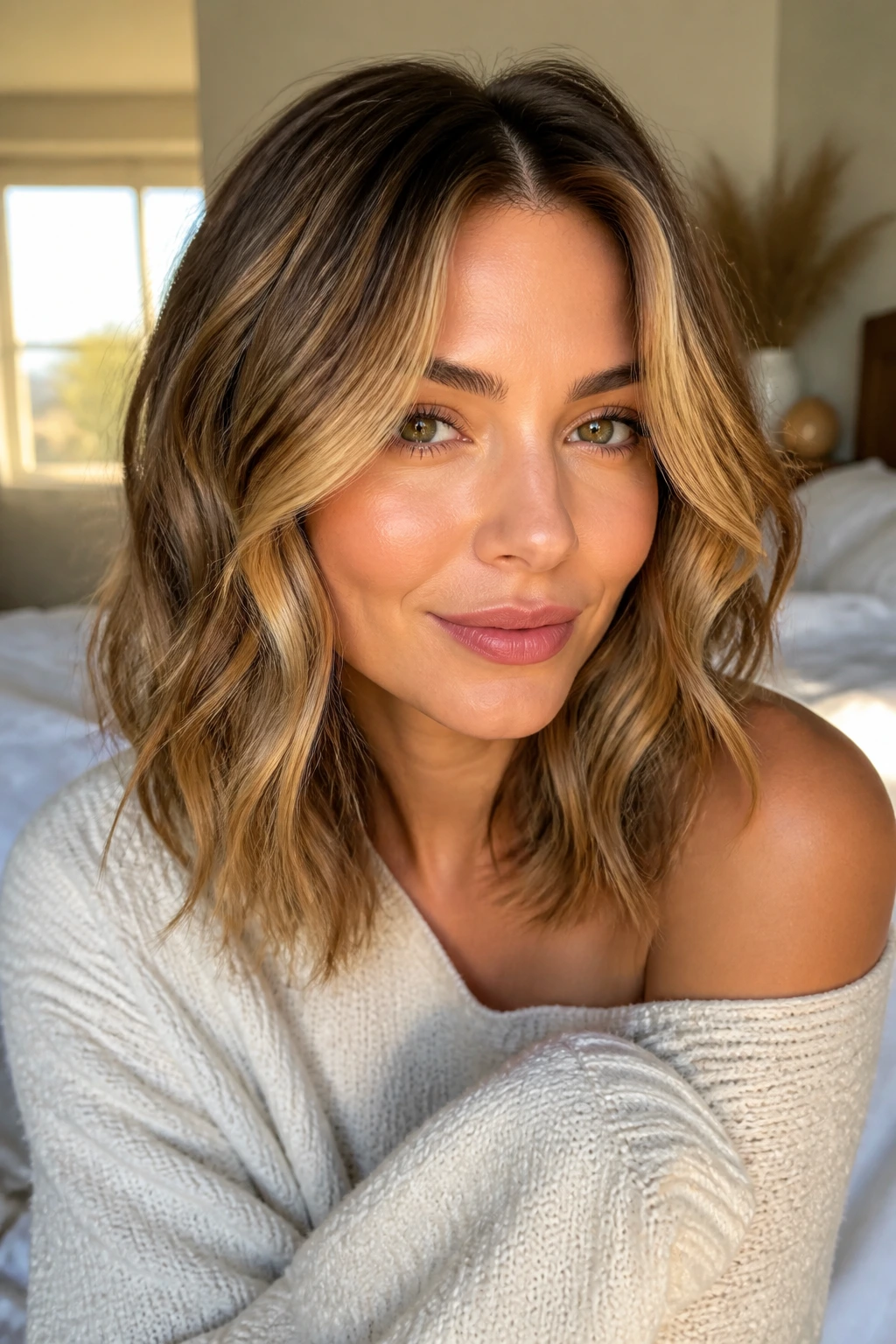 Close-up of a real woman with honey-highlighted medium-length waves framing her cheeks