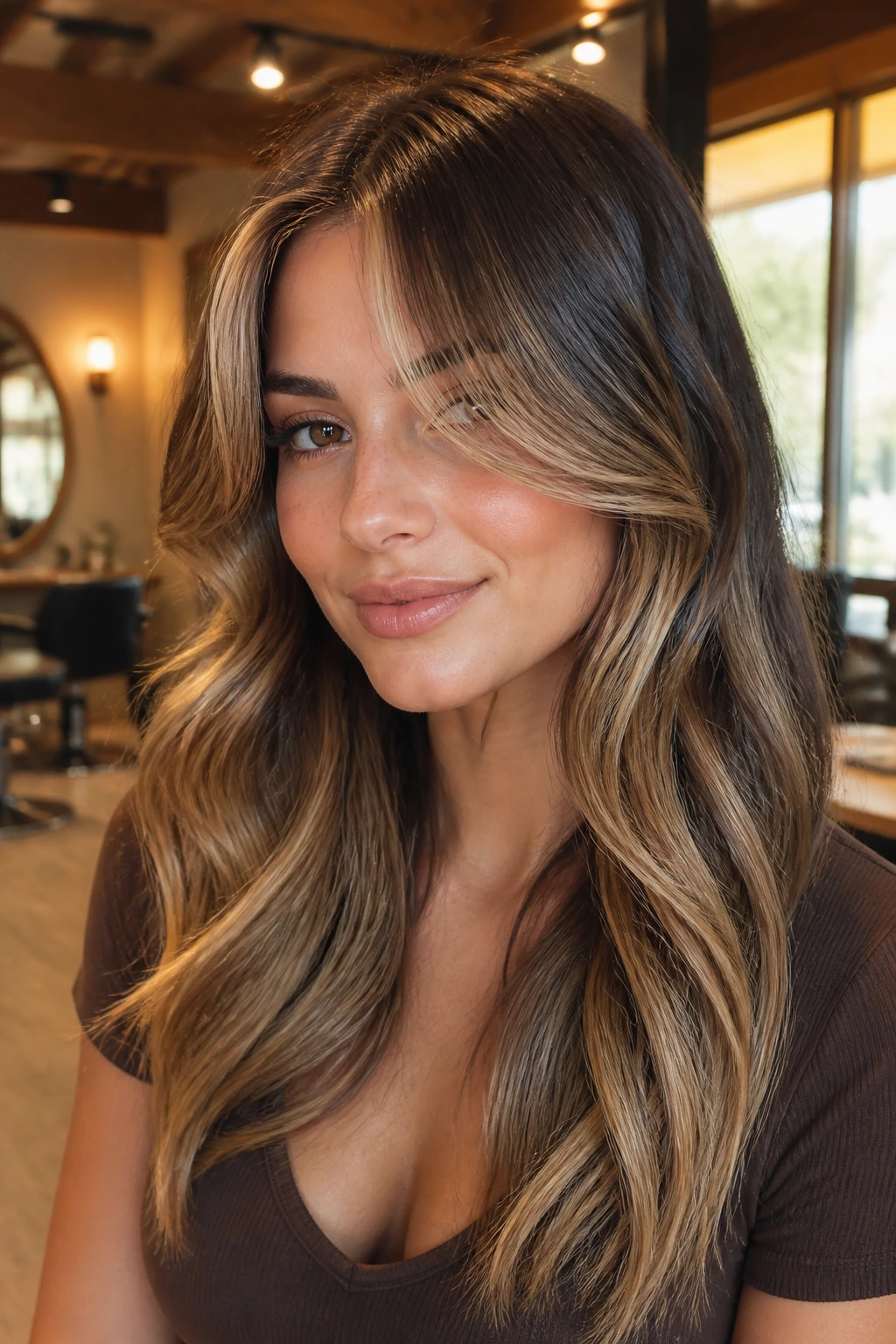 Close-up of a real woman with honey blonde highlights and curtain bangs showing glossy shine and warm contrast