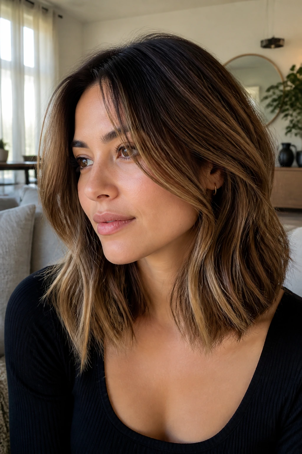 Close-up portrait of woman with honey balayage on layered lob.