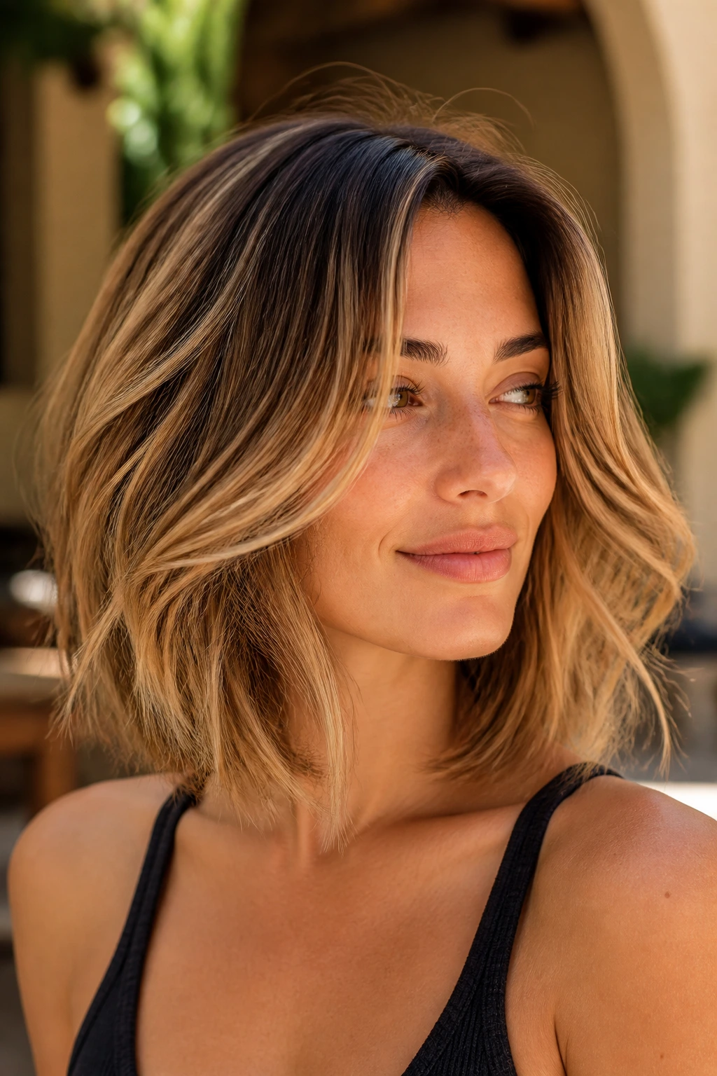 Close-up of a woman with a Moroccan honey-lifted layered lob in warm courtyard light.