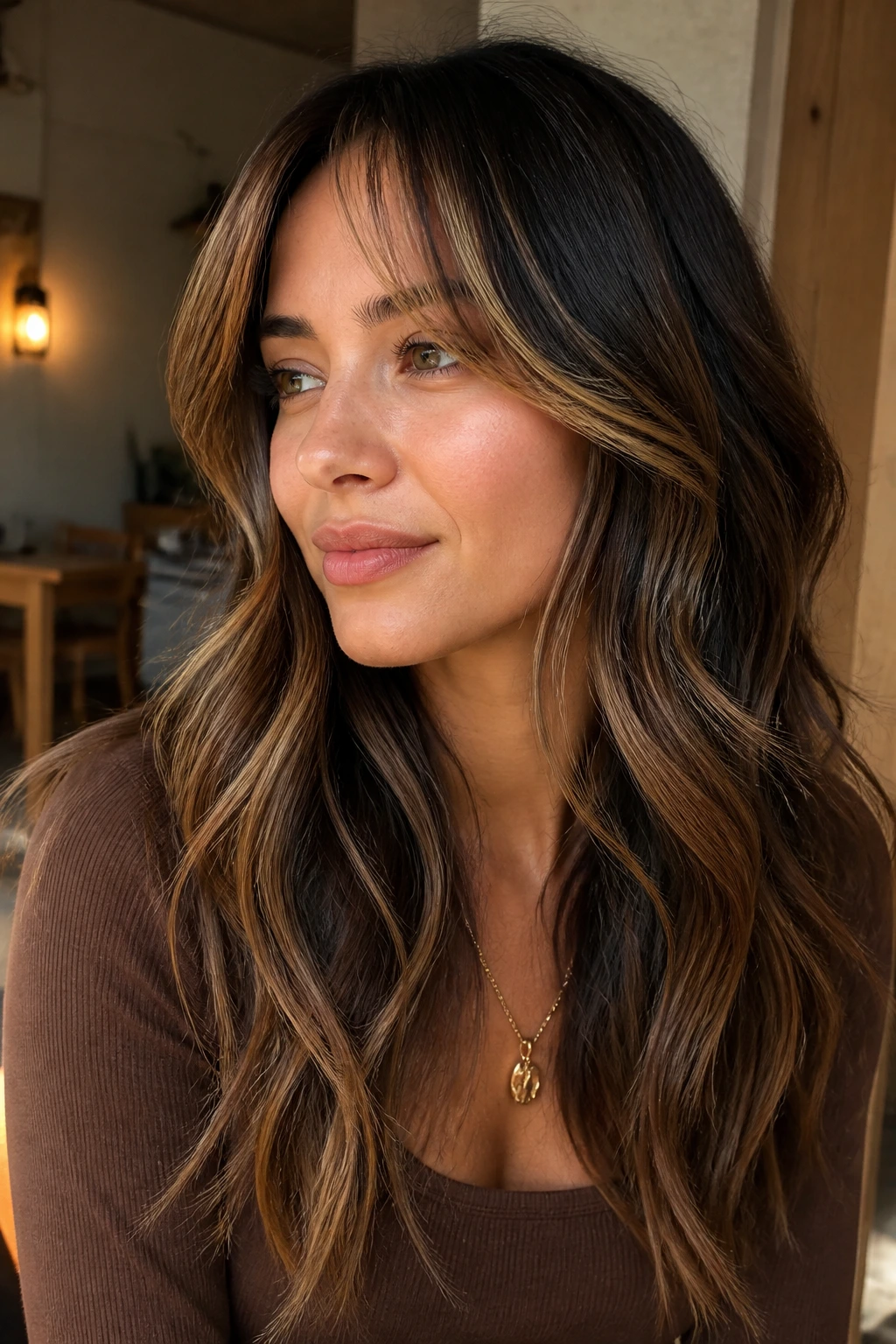 Close-up of a woman with dimensional honey lowlights and highlights around curtain bangs