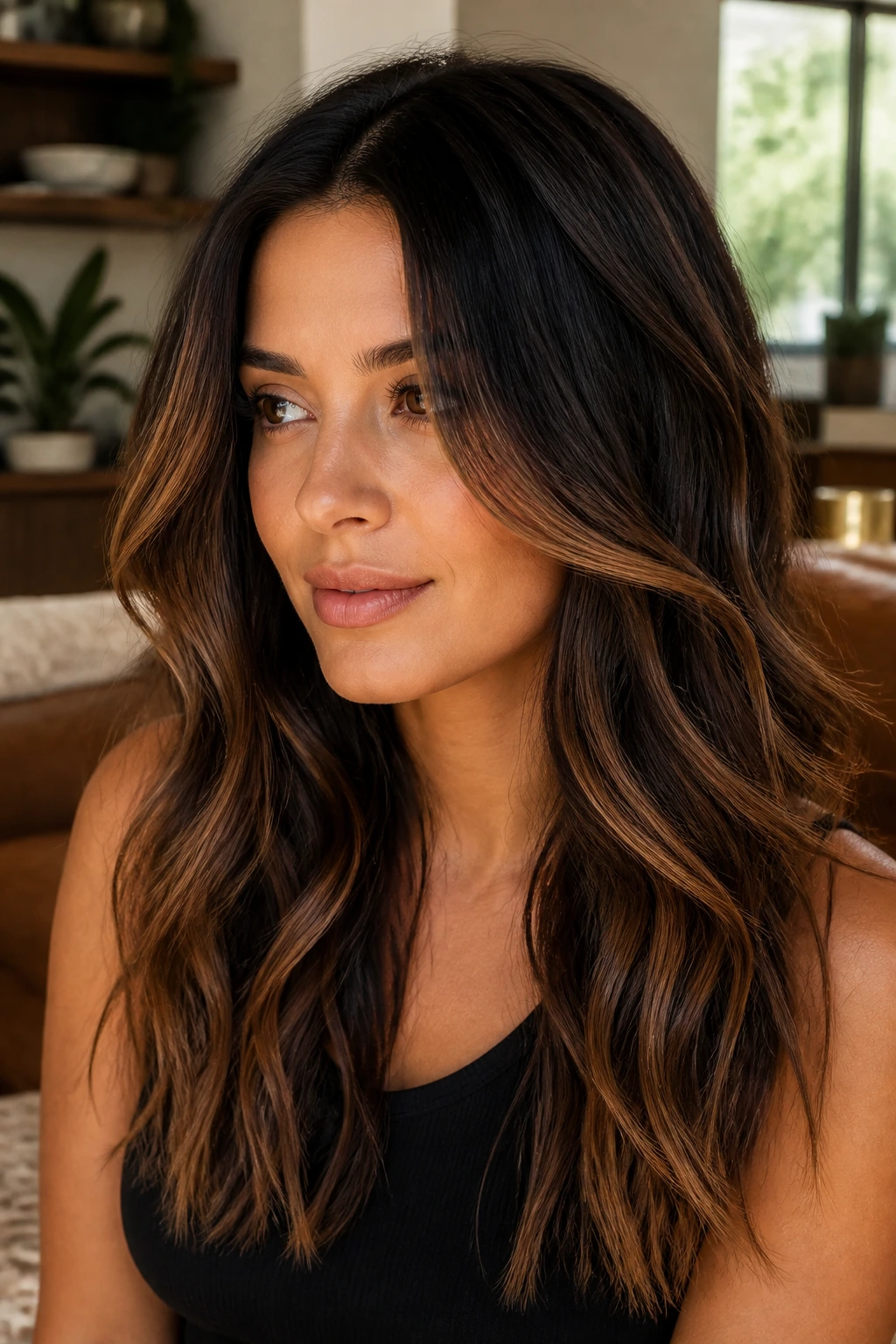 Brunette with honey melt highlights starting below cheekbone