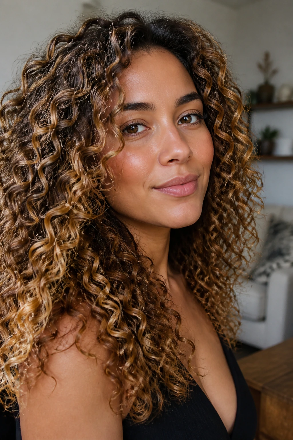 Close-up of a real person with curly hair showing honey melt pattern in natural light.