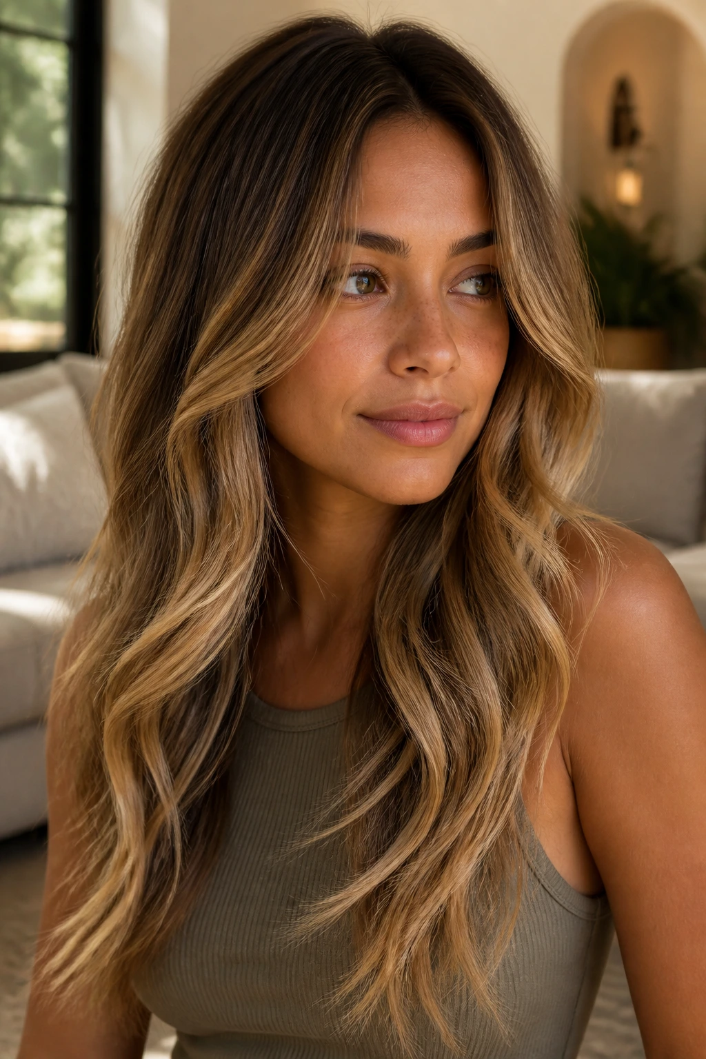 Person with warm honey melt on long layered hair.