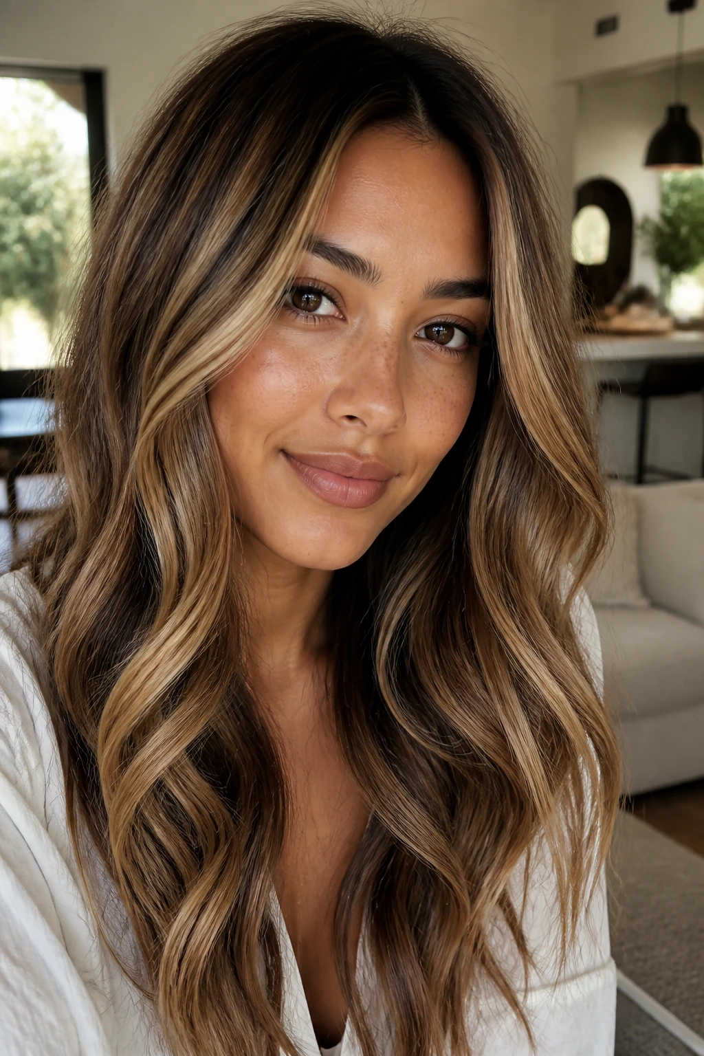 Close-up of real woman with honey melt and lowlights on olive skin