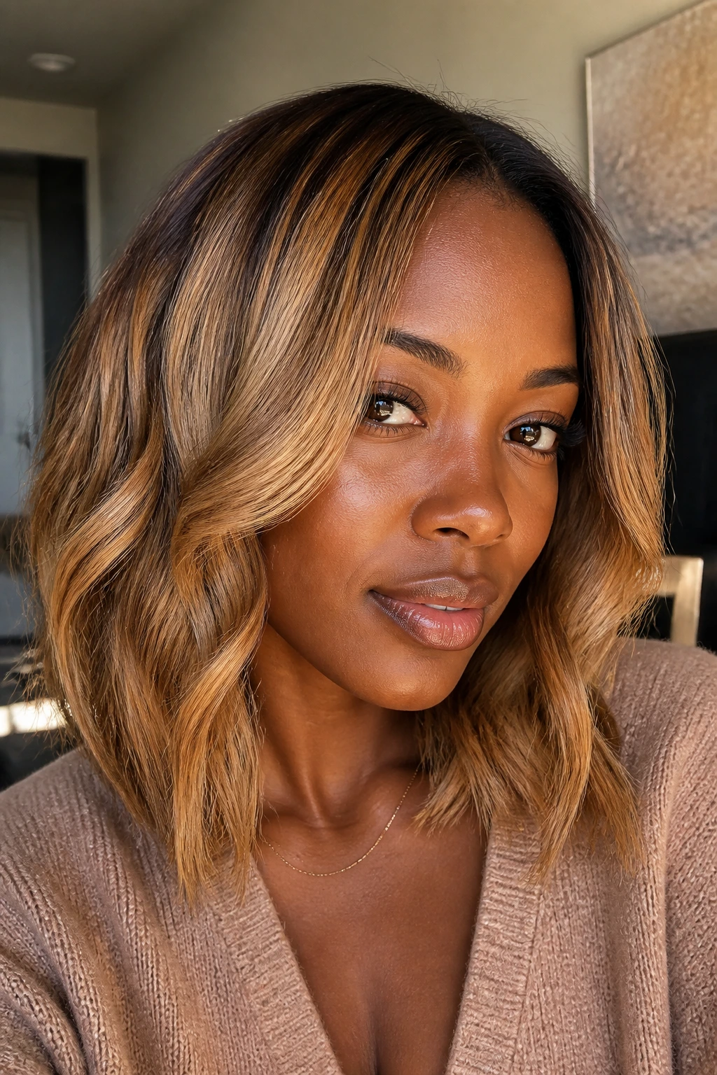 Close-up portrait showing honey melt with soft lowlights on hair.