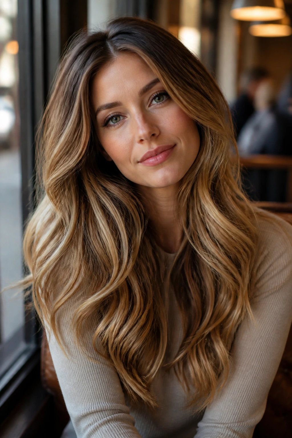 Close-up of thick hair with honey melt and caramel ends on a pale-skinned person.