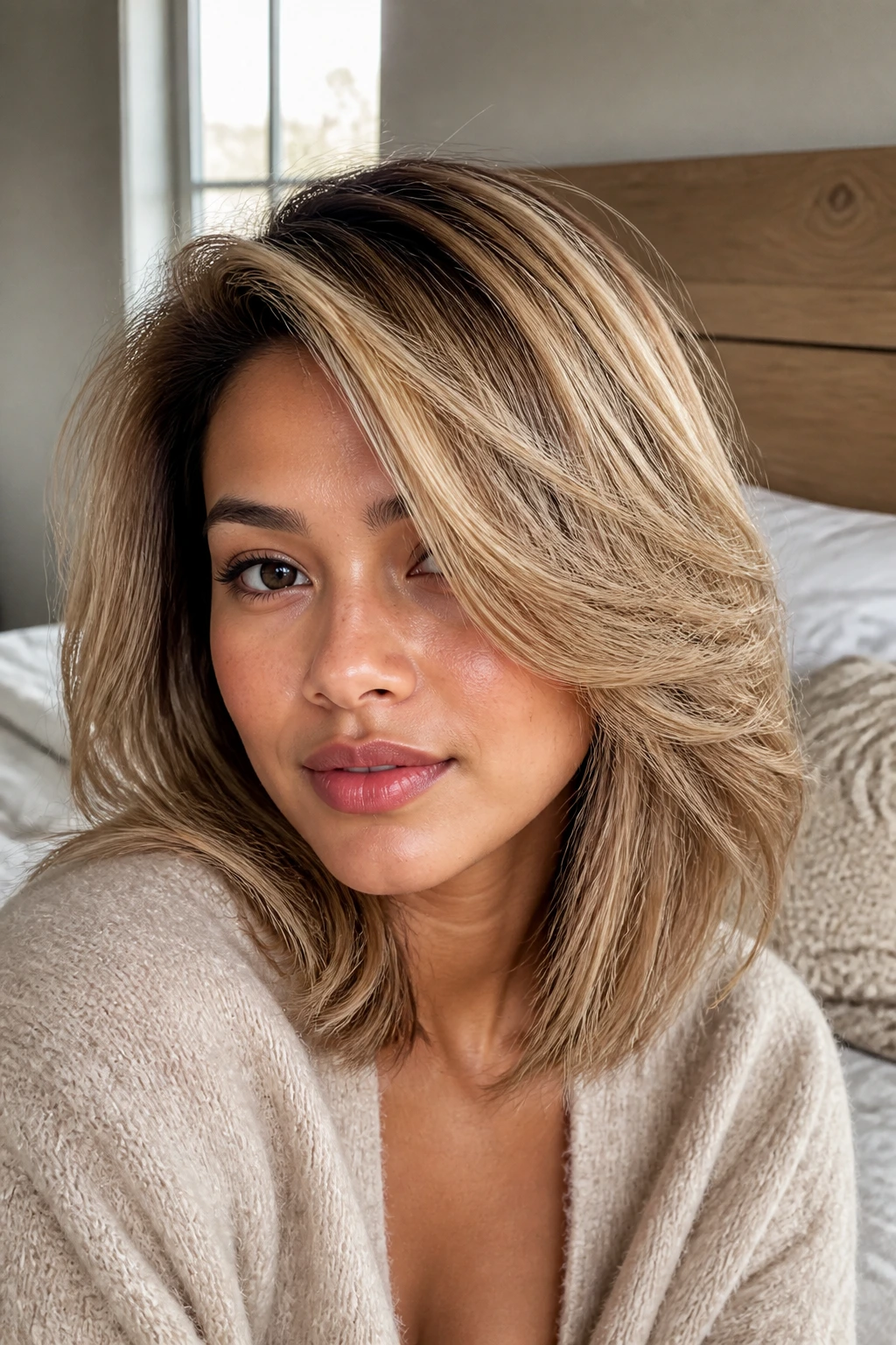 Close-up of a real woman with honey-milk blonde side-swept layers in natural daylight