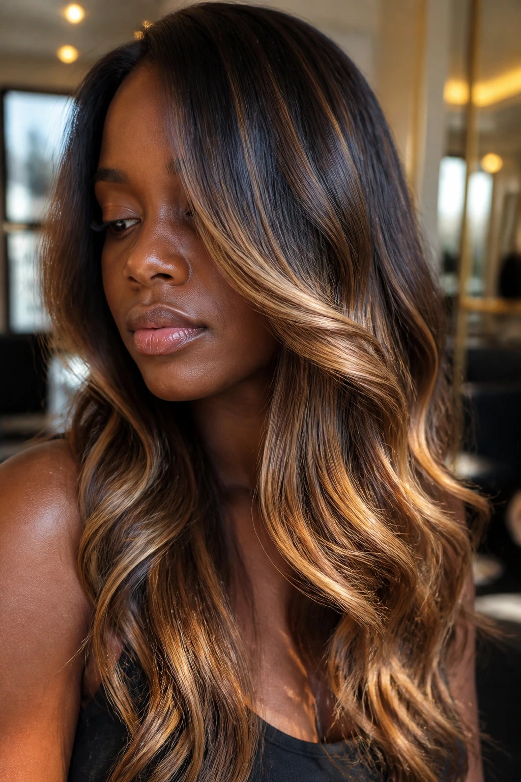 Close-up of deep-skin hair with honey mocha balayage for a sunlit glow